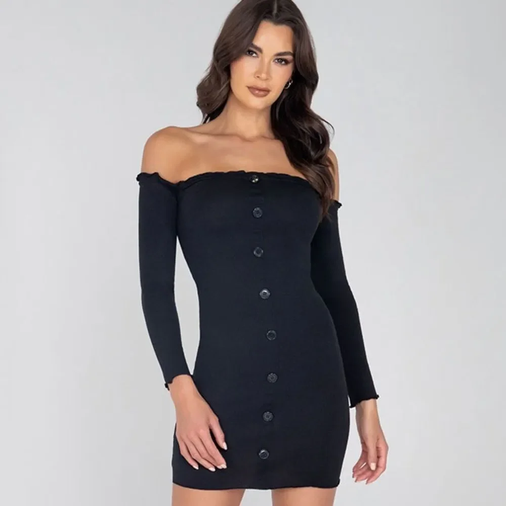 Yandy Button Up Black Off-Shoulder Dress Bodycon Sexy Size Large